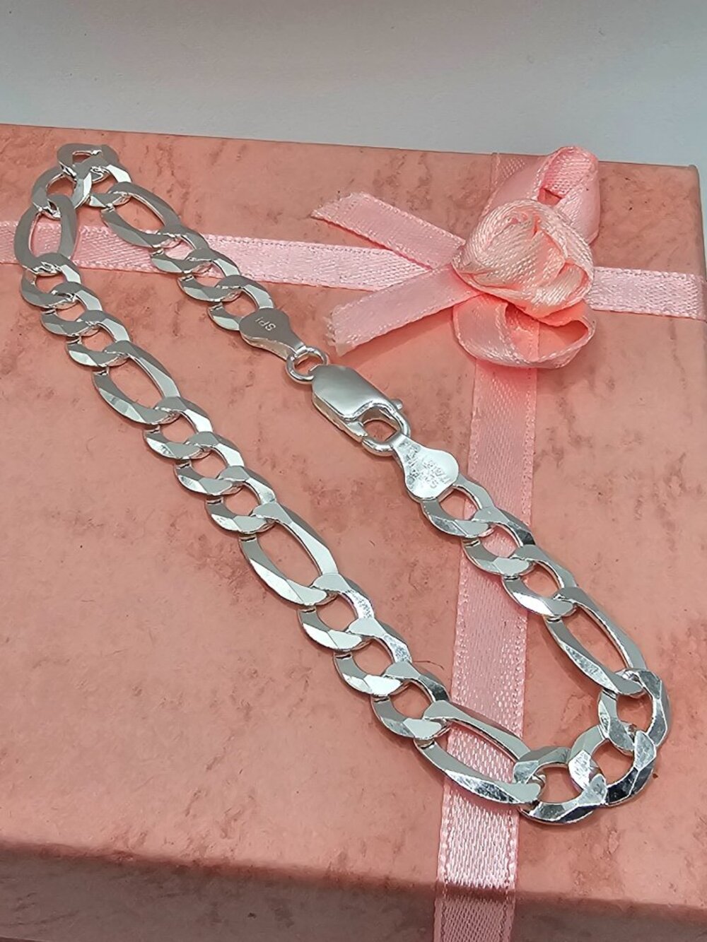 Sterling Silver 925 High Polished Figaro Bracelet 6.8mm 8.75 inches